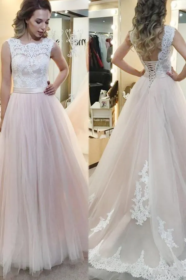 A-line Tulle Sweep Train Wedding Dress With Lace Applique  WD180