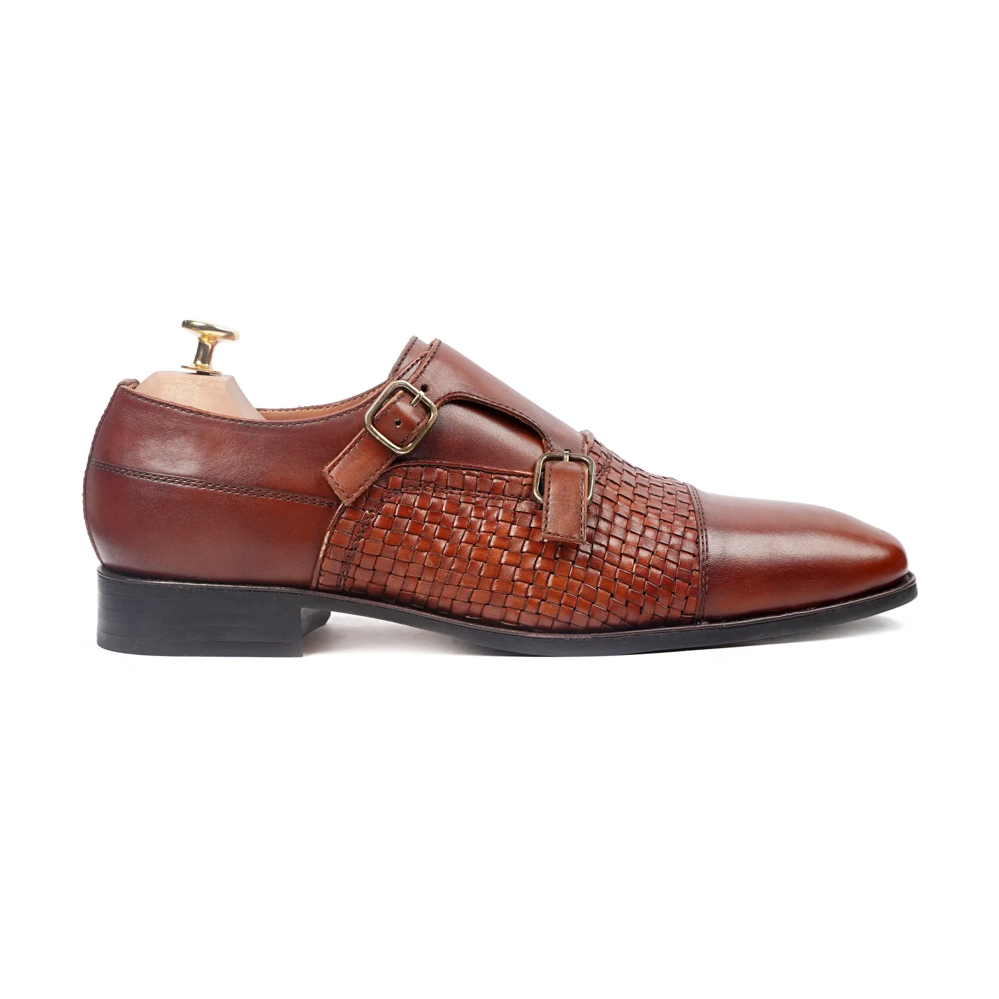 Alingsas - Men's Reddish Brown Hand Woven Calf Leather Double Monkstrap