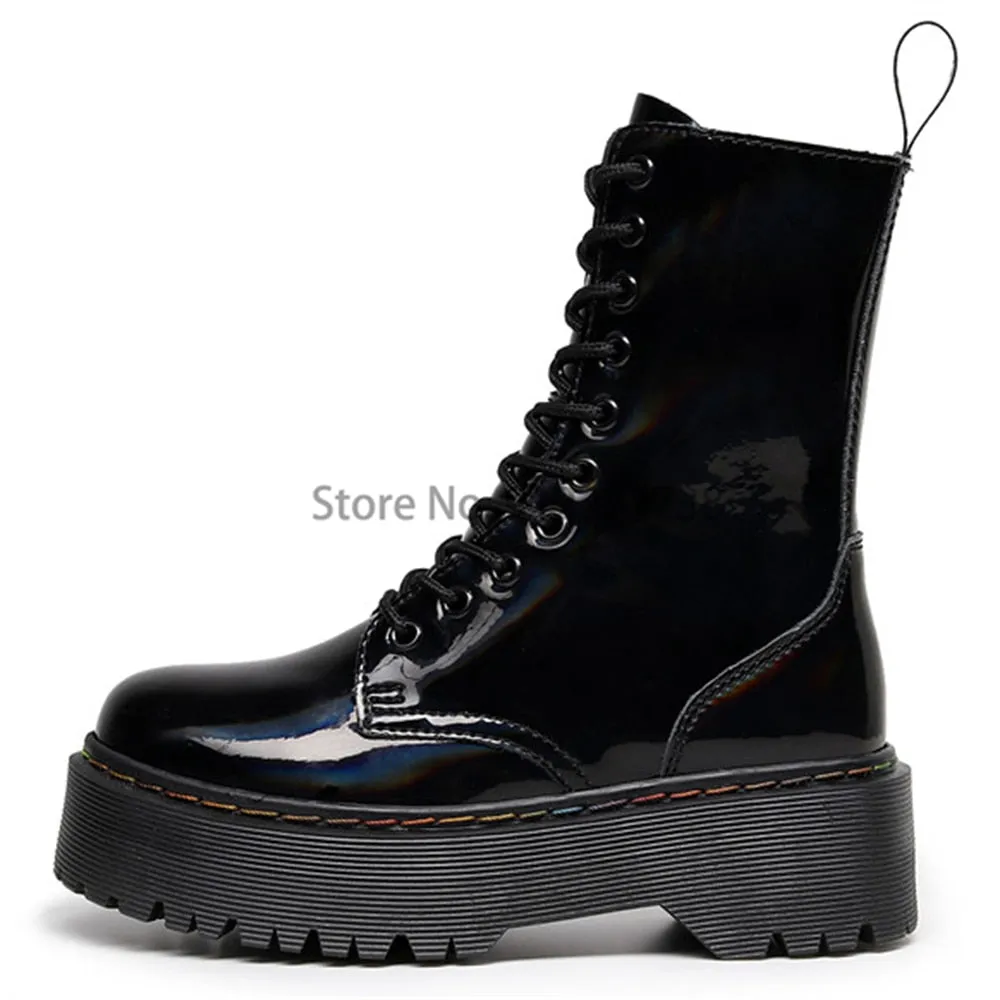 Amozae  Winter Women Boots Leather Reflective Female Lace Up Platforms Boot Increase Height Punk Boots Black Casual High-Top Shoes