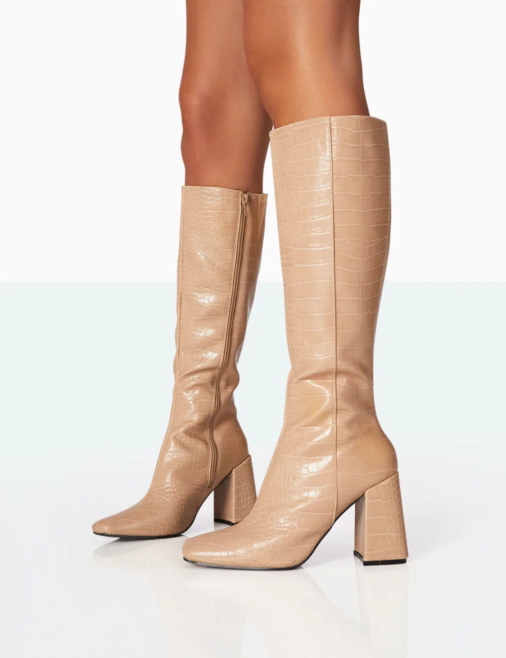 Apology Nude Patent Croc Knee High Block Heel Boots