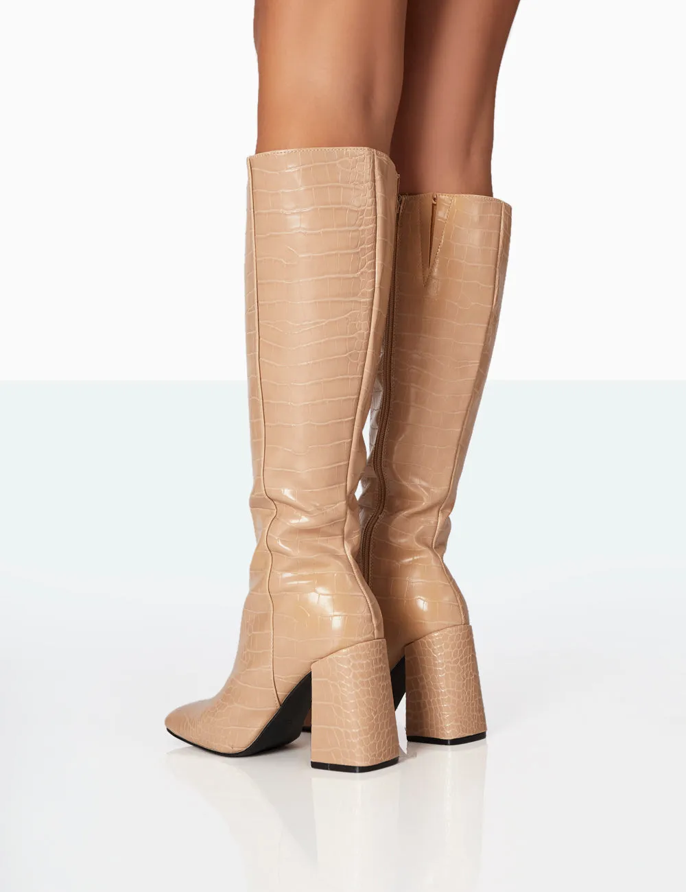 Apology Nude Patent Croc Knee High Block Heel Boots