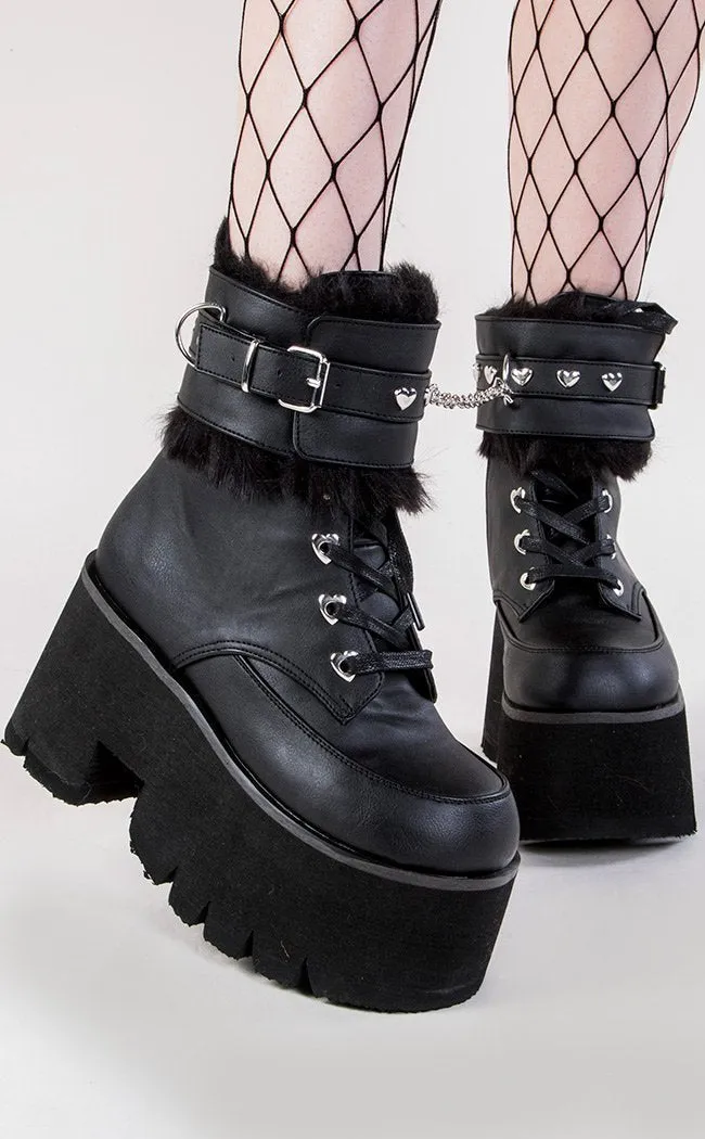 ASHES-57 Black Vegan Leather Cuff Platform Ankle Boots