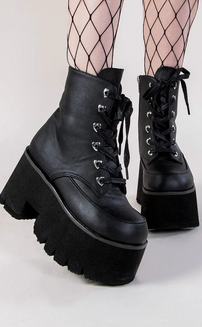 ASHES-57 Black Vegan Leather Cuff Platform Ankle Boots