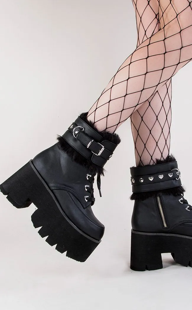 ASHES-57 Black Vegan Leather Cuff Platform Ankle Boots