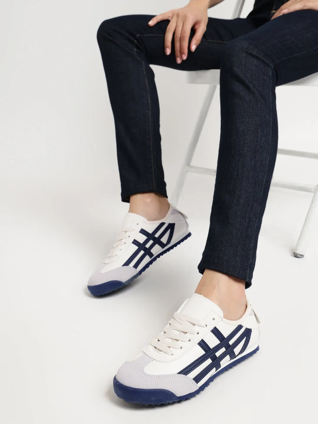 Beige Navy PU Stylish Lace-Up Sneakers (TC-RS3800-BEIGNVY)