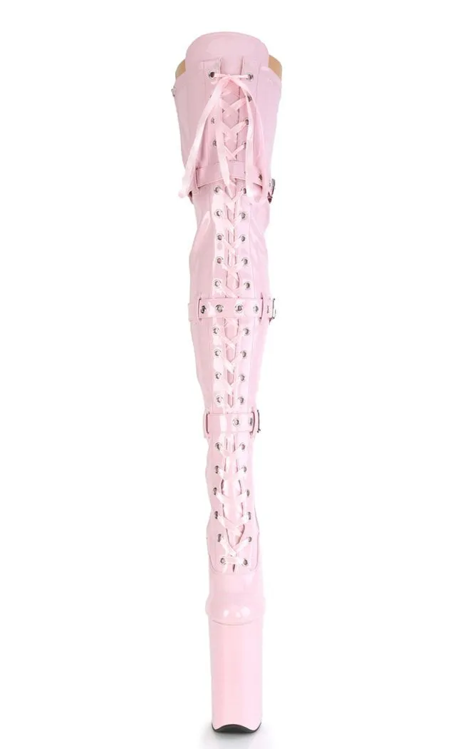 BEYOND-3028 Baby Pink Patent Thigh High Boots