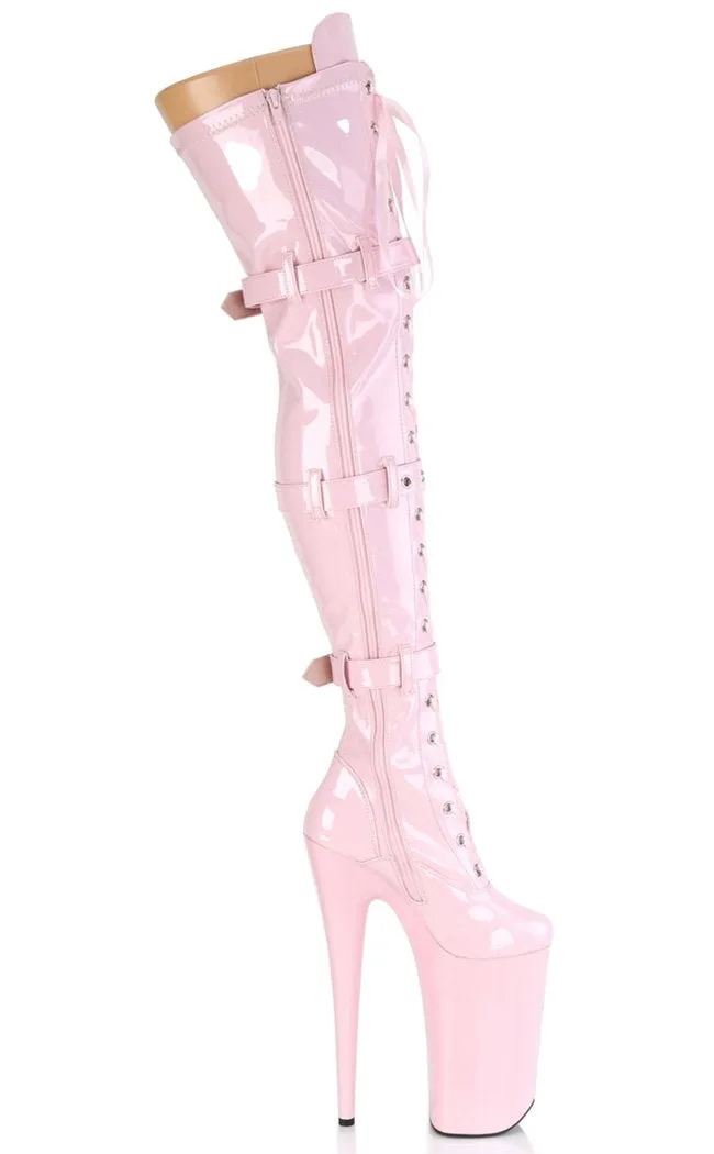 BEYOND-3028 Baby Pink Patent Thigh High Boots