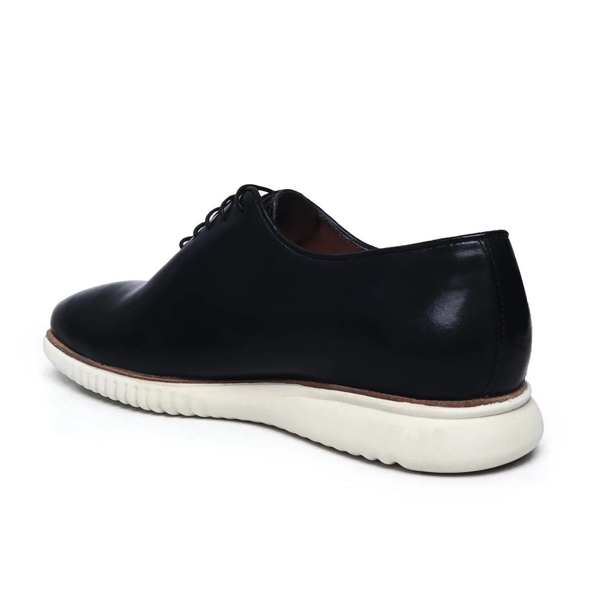 Black One Piece Leather Oxford Lace-Up Sneakers With Sole