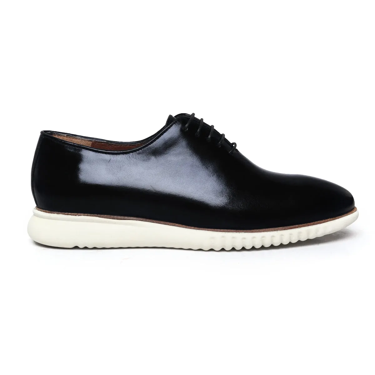 Black One Piece Leather Oxford Lace-Up Sneakers With Sole