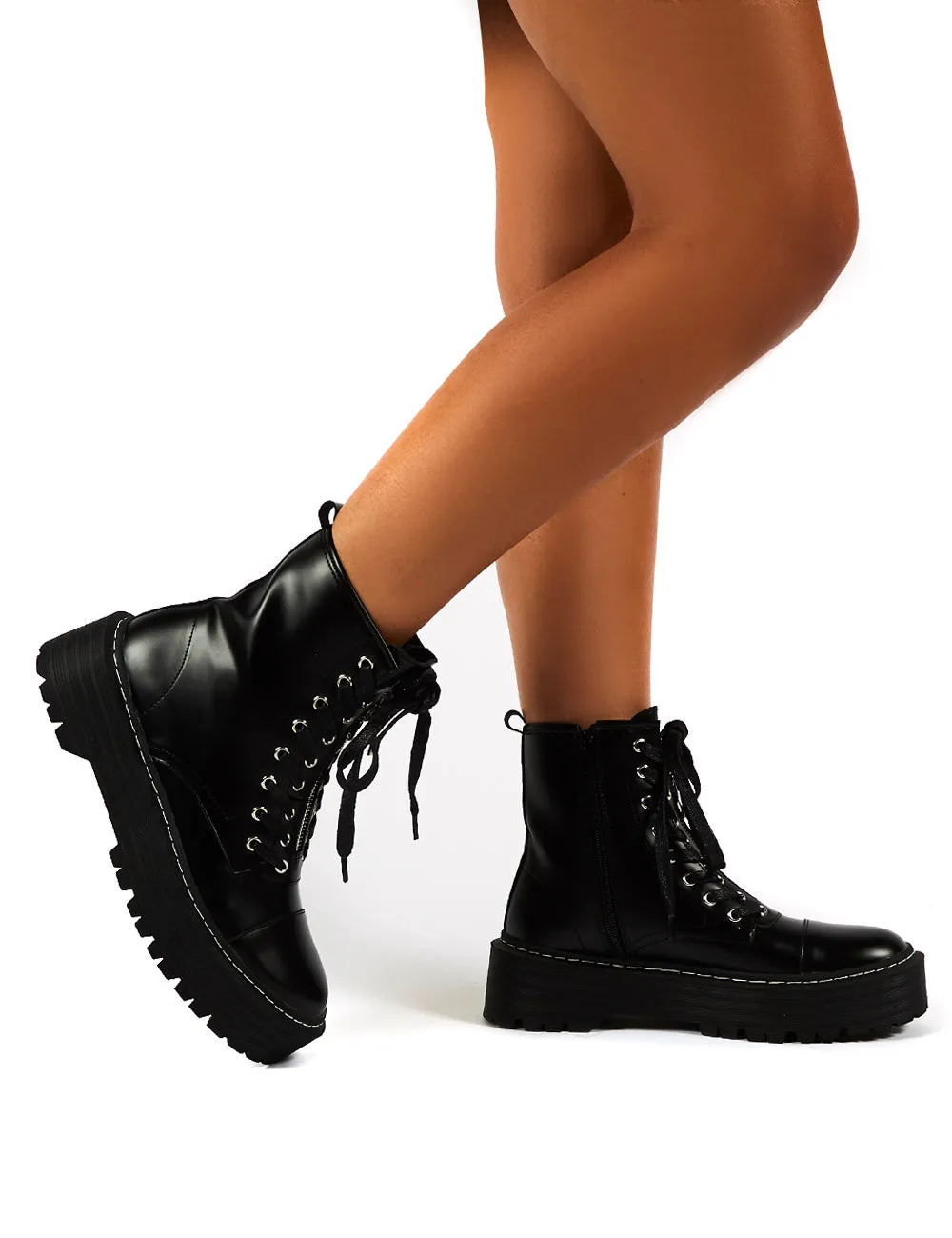 Blake Black PU Lace Up Chunky Sole Ankle Boots