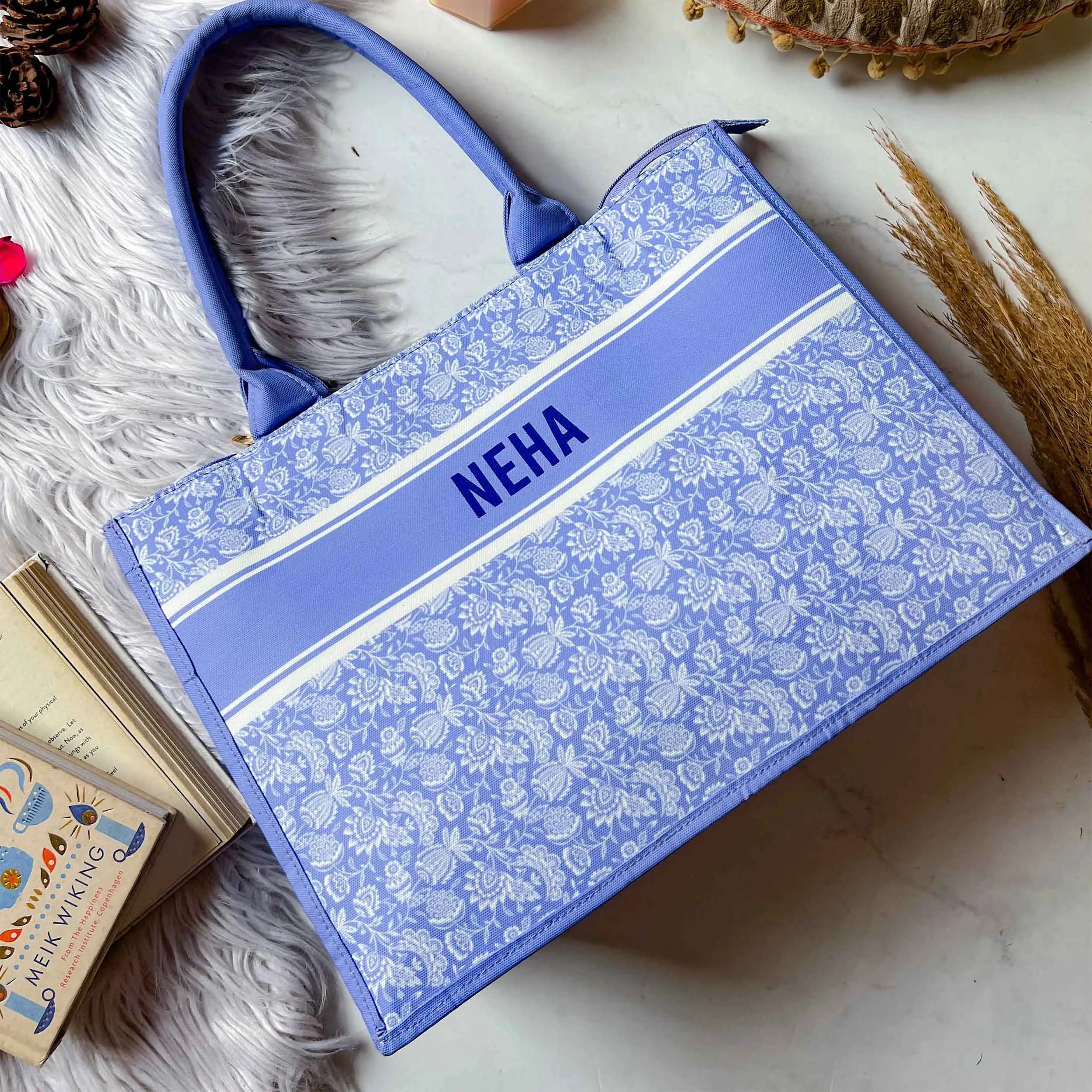 Blue cambric book tote