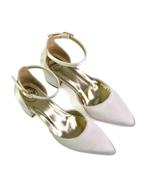 Bronte Pointed Toe Strappy Mid Block Heel Sandal Court Shoes in Gold