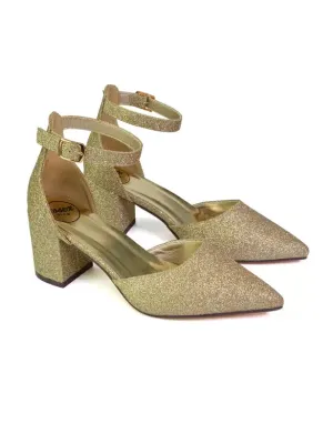 Bronte Pointed Toe Strappy Mid Block Heel Sandal Court Shoes in Gold