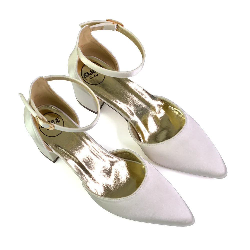 Bronte Pointed Toe Strappy Mid Block Heel Sandal Court Shoes in Gold