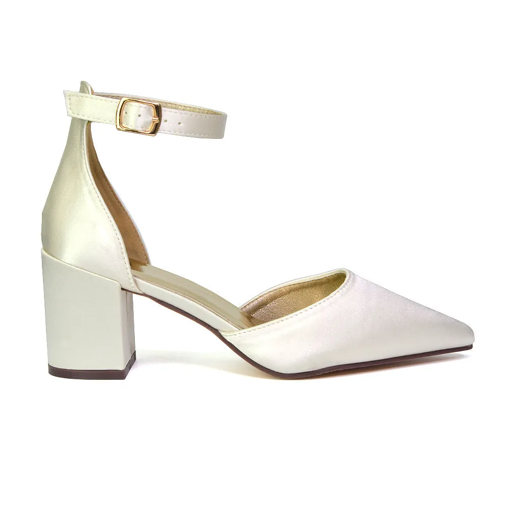 Bronte Pointed Toe Strappy Mid Block Heel Sandal Court Shoes in Gold