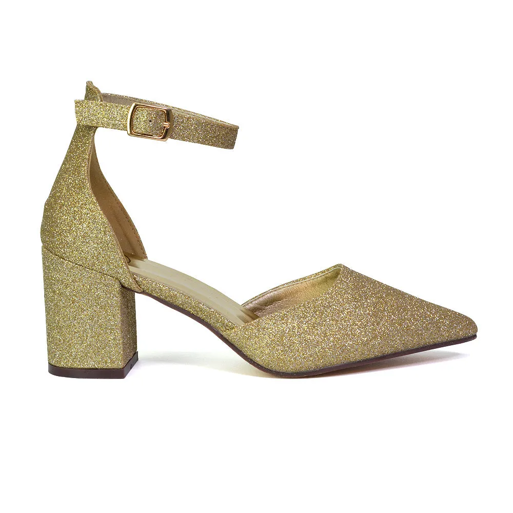 Bronte Pointed Toe Strappy Mid Block Heel Sandal Court Shoes in Gold