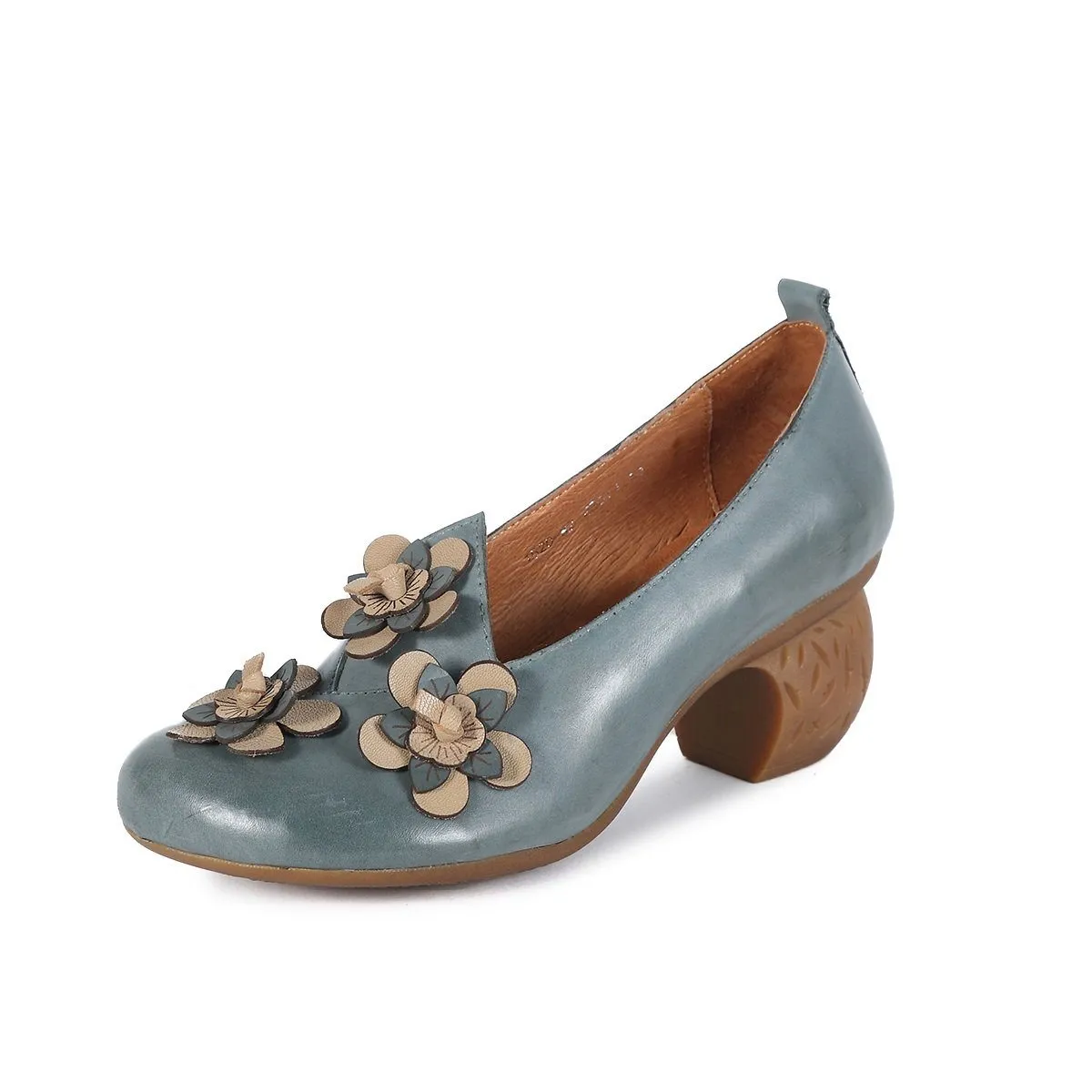 Calf Leather Pumps Handmade Stacked Heel Ankle Shoes Flower Decoration Loafers Khaki/Gray-Blue