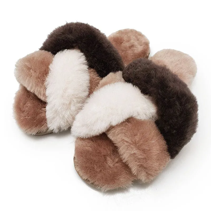 Calico Sheepskin Flufffy Slide