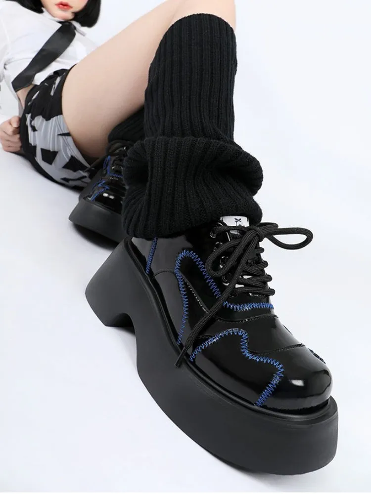 Cool Punk Blue Stitch Lather Platform Shoes【s0000003441】