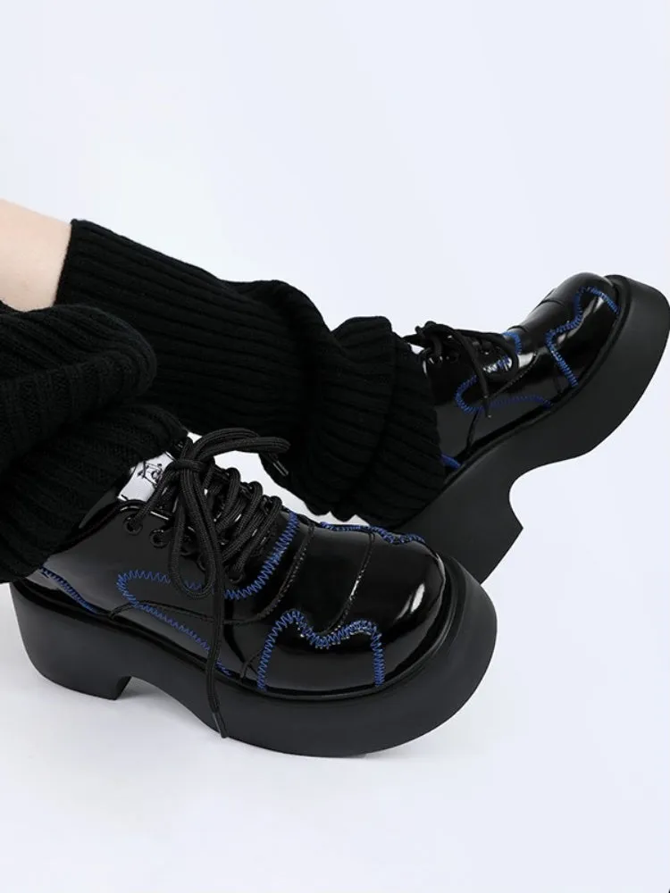 Cool Punk Blue Stitch Lather Platform Shoes【s0000003441】