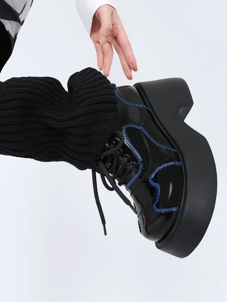 Cool Punk Blue Stitch Lather Platform Shoes【s0000003441】