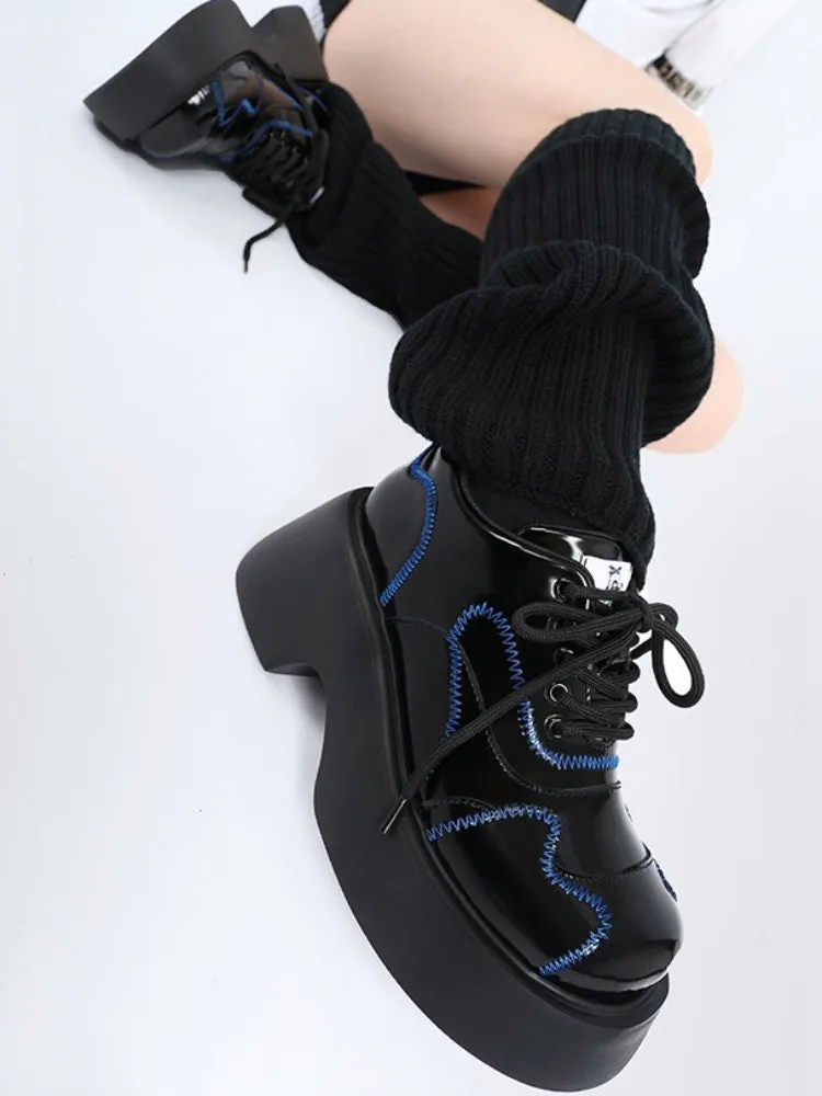 Cool Punk Blue Stitch Lather Platform Shoes【s0000003441】