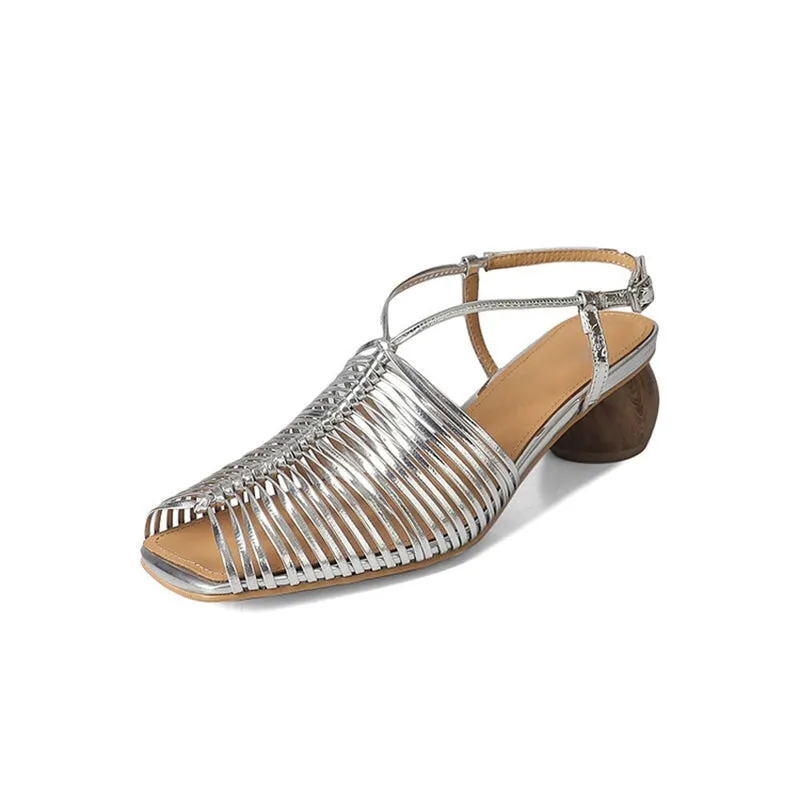 Cylinder Heel Sandals Slingback Leather Woven Detail in Beige/Golden/Silver/Apricot