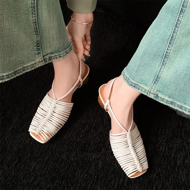 Cylinder Heel Sandals Slingback Leather Woven Detail in Beige/Golden/Silver/Apricot