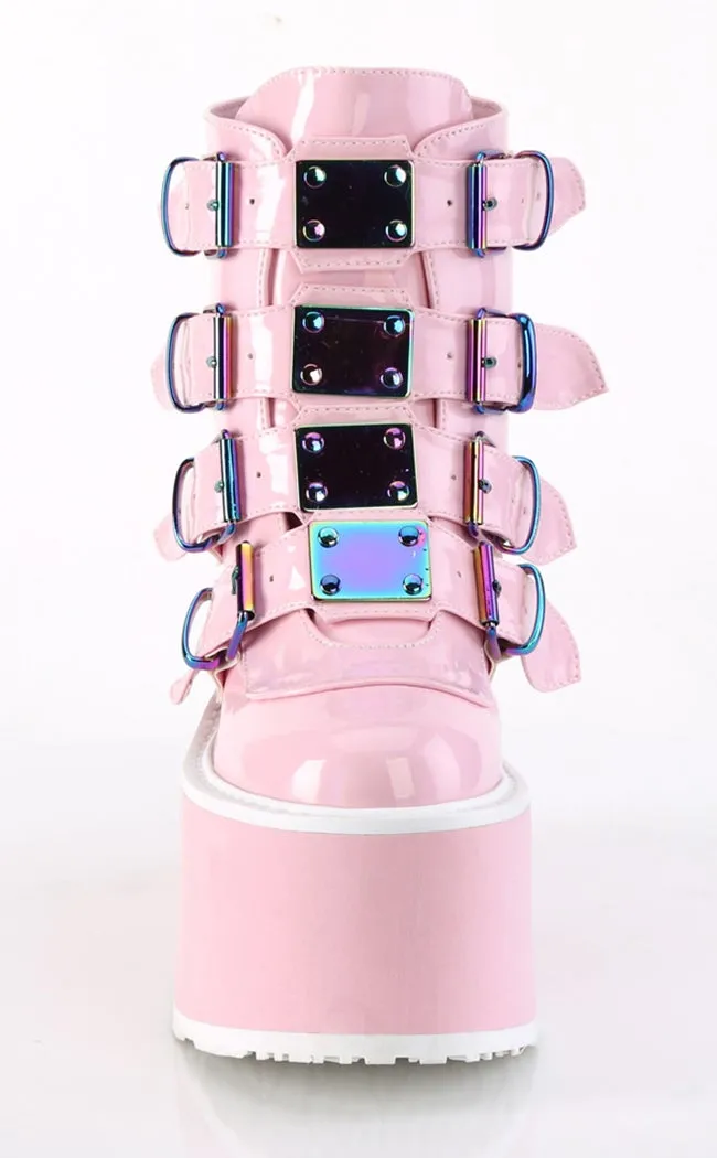 DAMNED-105 Baby Pink Holo Flatform Ankle Boots