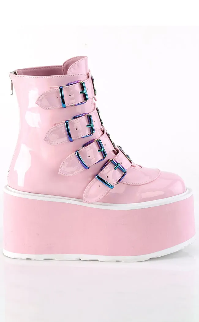 DAMNED-105 Baby Pink Holo Flatform Ankle Boots