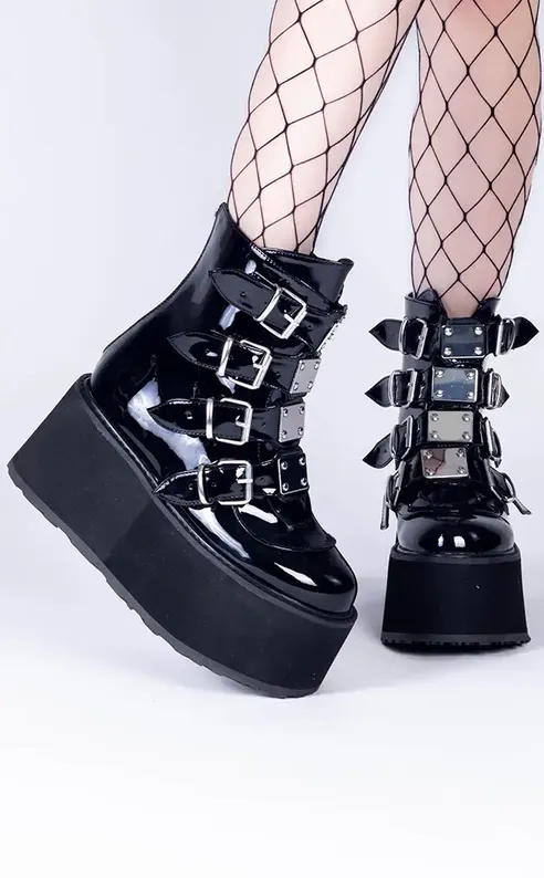 DAMNED-105 Black Patent Flatform Ankle Boots (AU Stock)