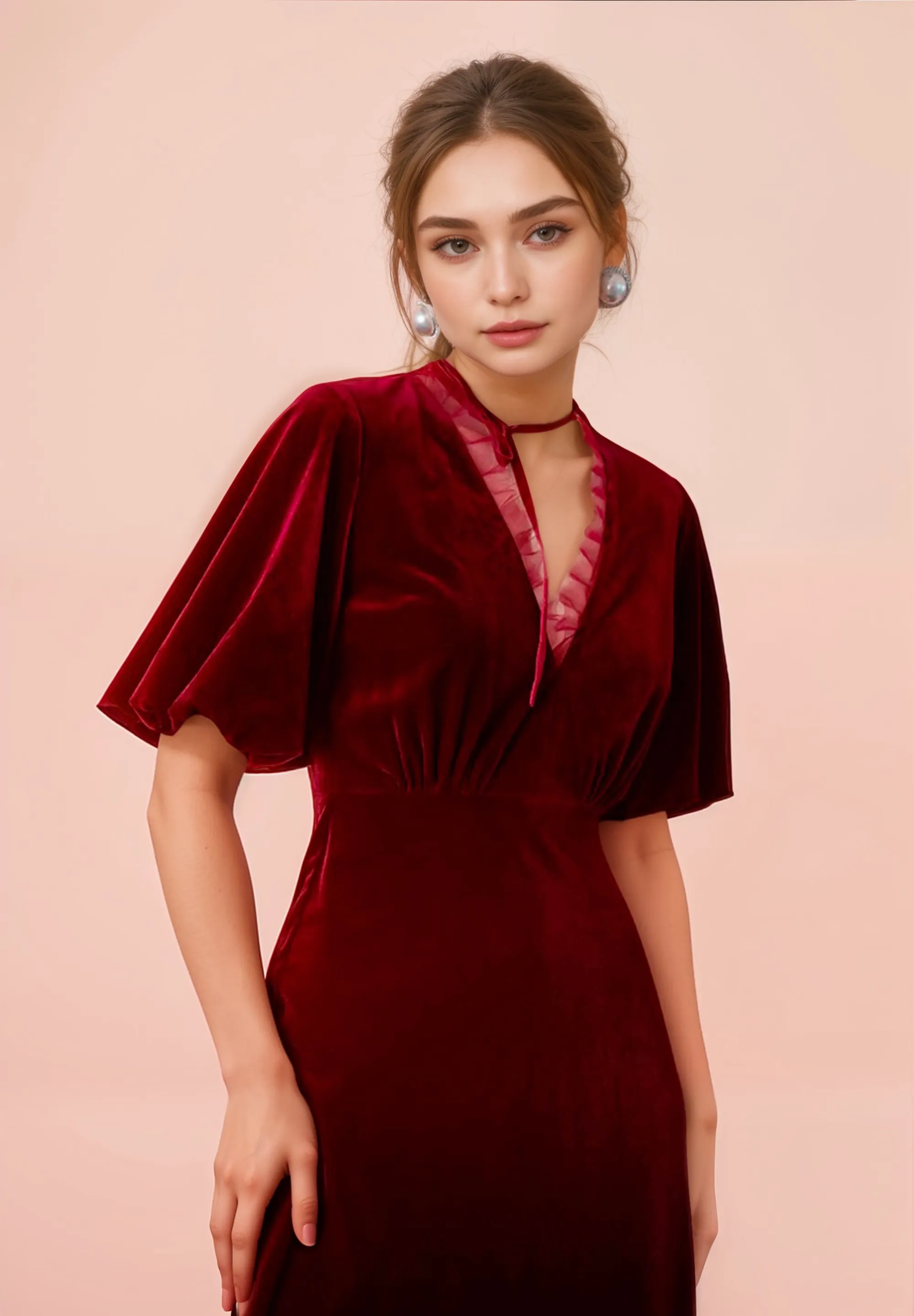 Deep V-neck ruffled tulle hem short sleeves A-line velvet prom dress