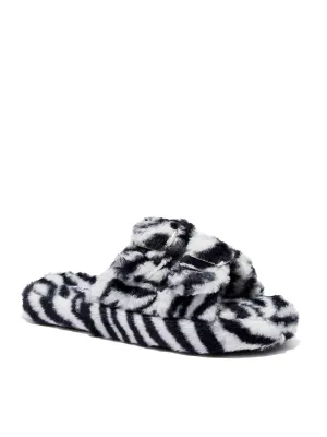 Double-Buckle Faux-Fur Slippers - Zebra Print