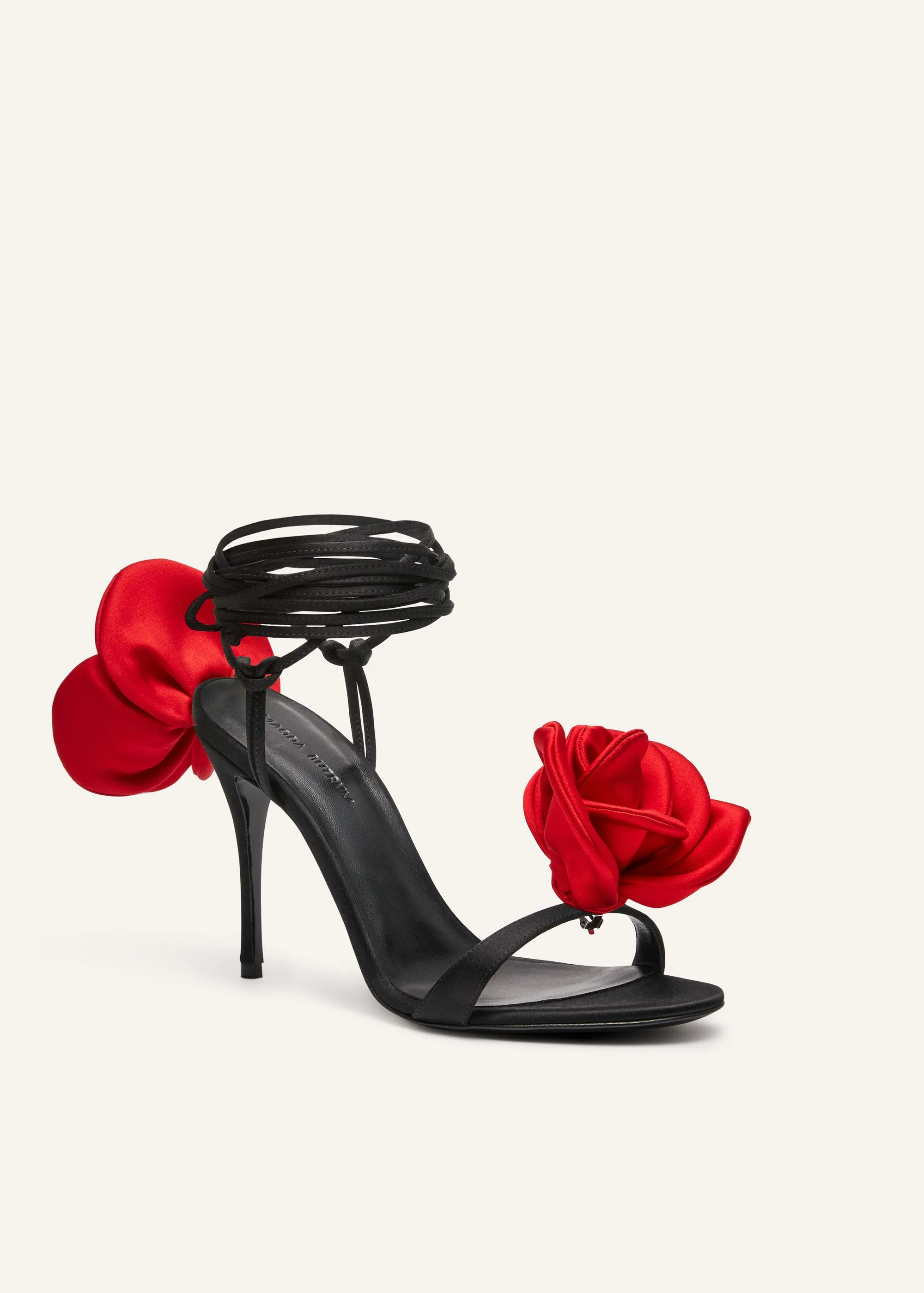 Double red flower heel sandals in black satin