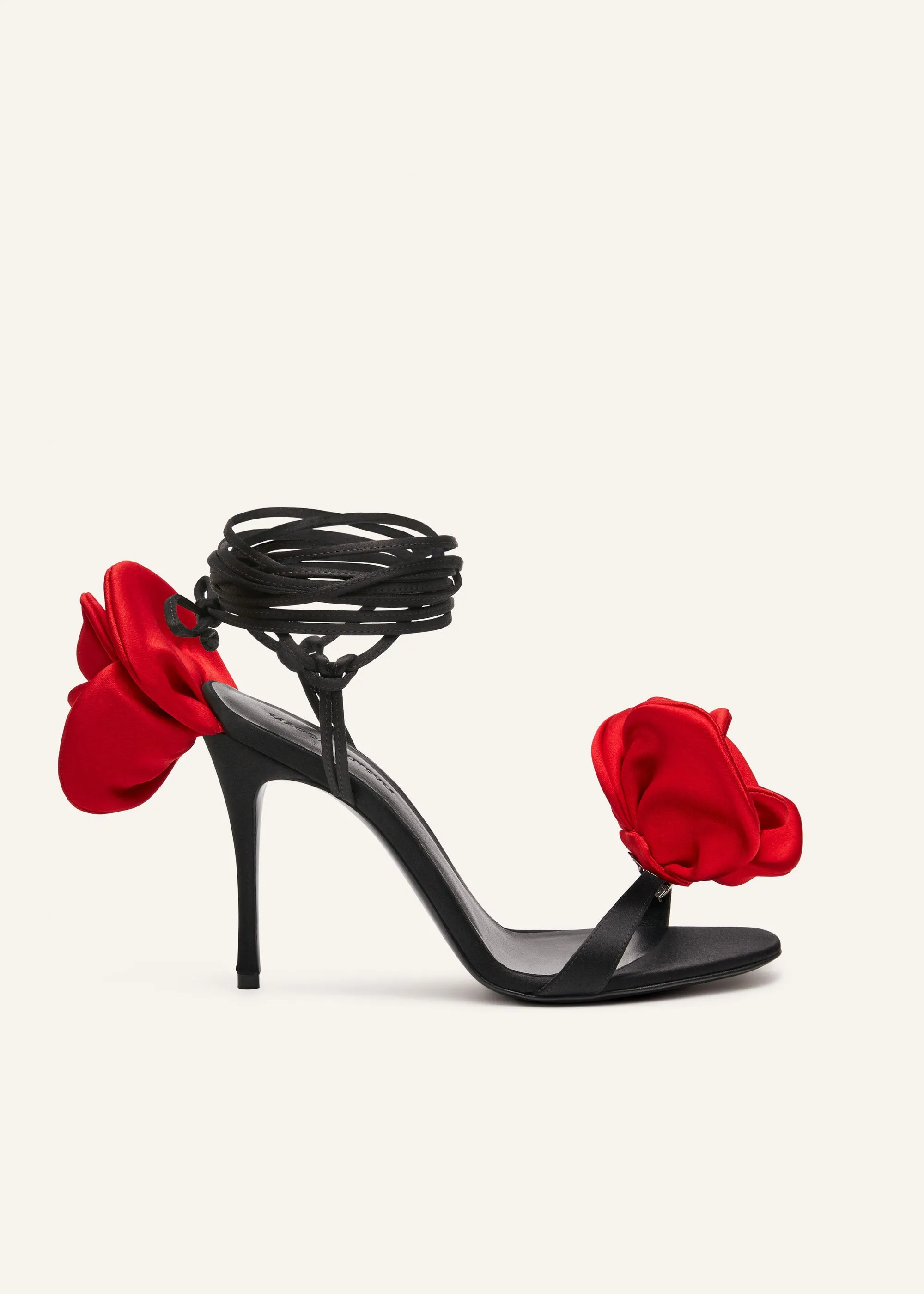 Double red flower heel sandals in black satin