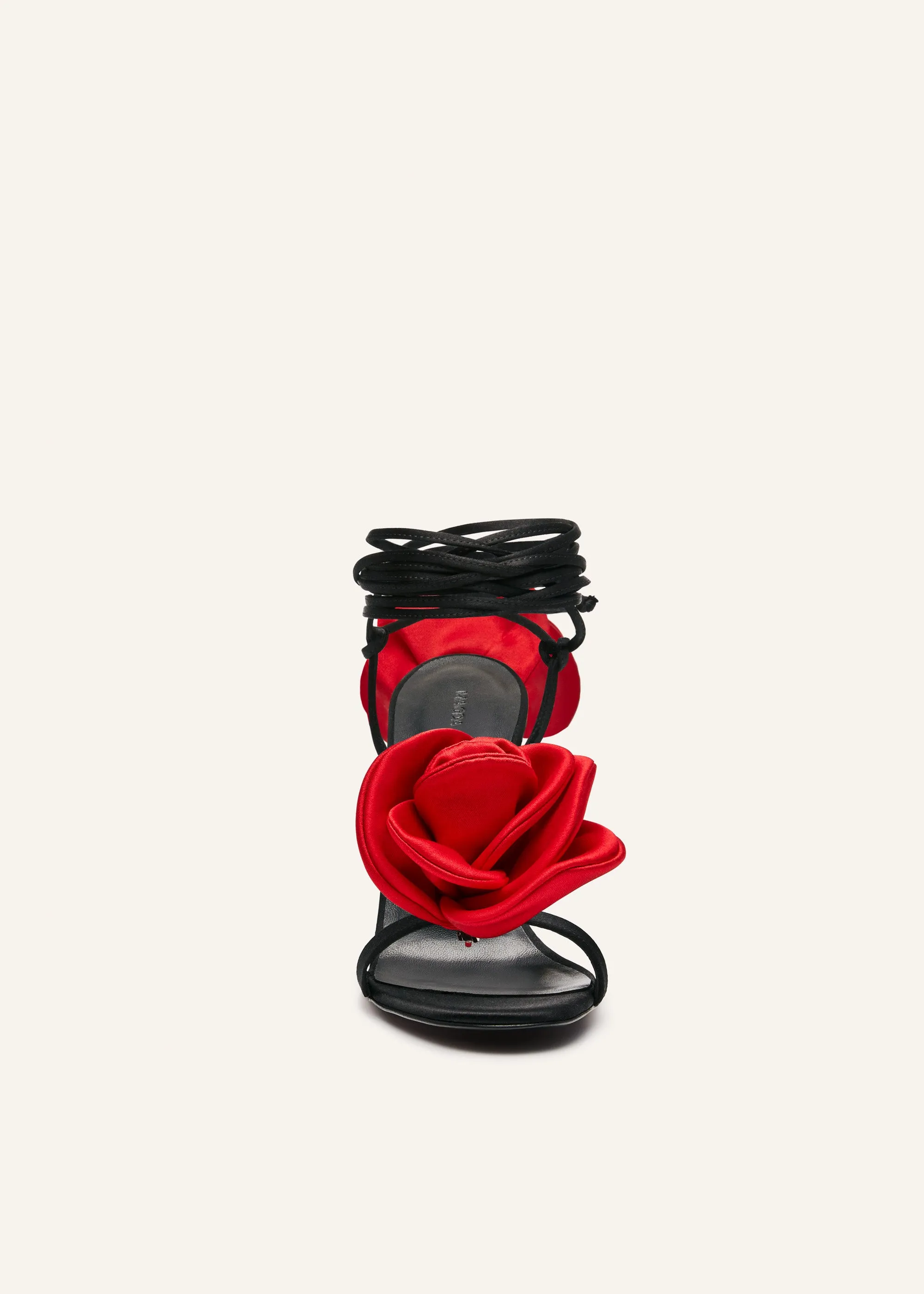 Double red flower heel sandals in black satin