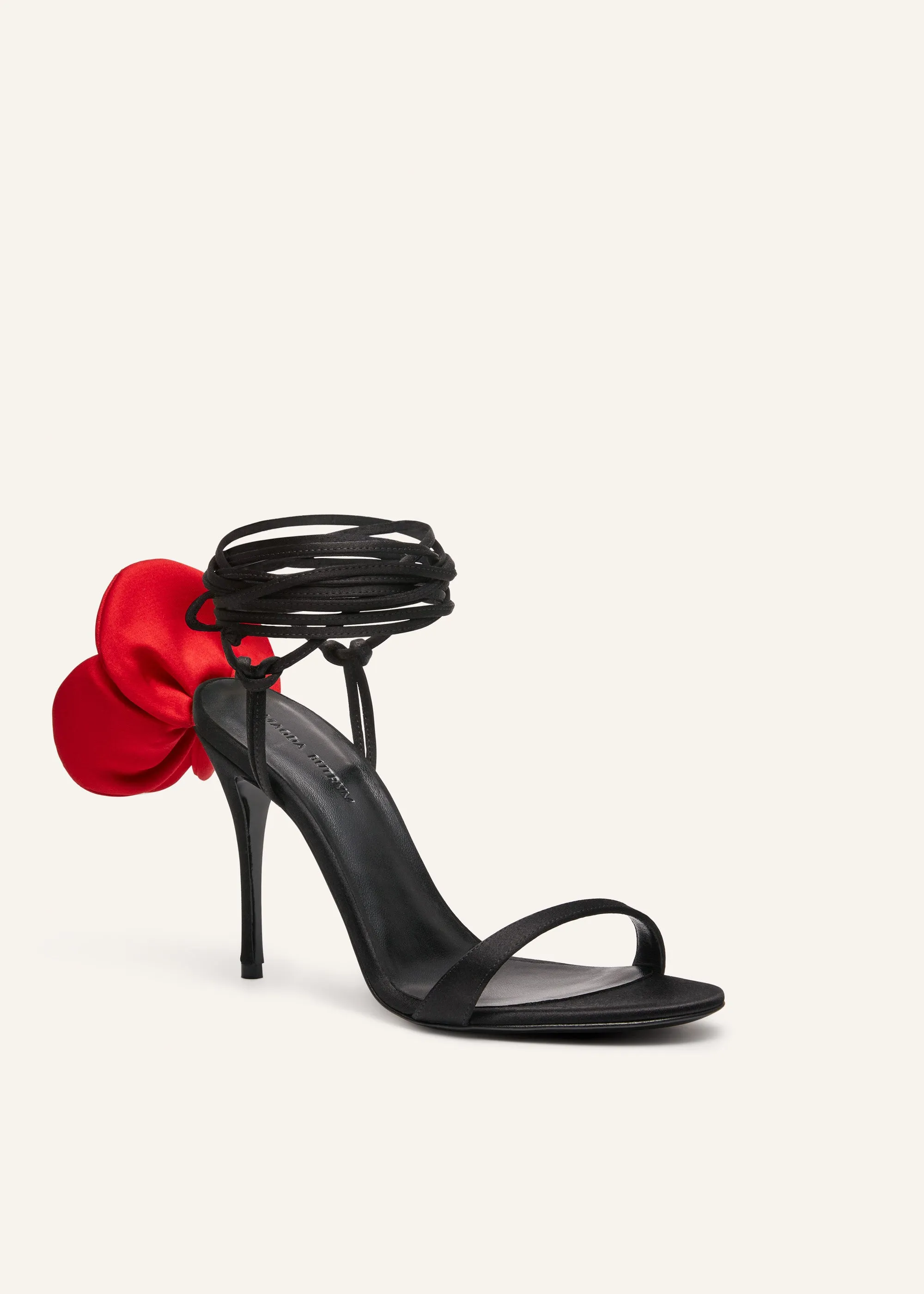 Double red flower heel sandals in black satin