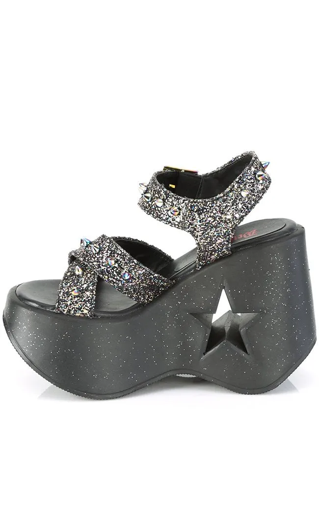 DYNAMITE-02 Black Glitter Wedge Heels