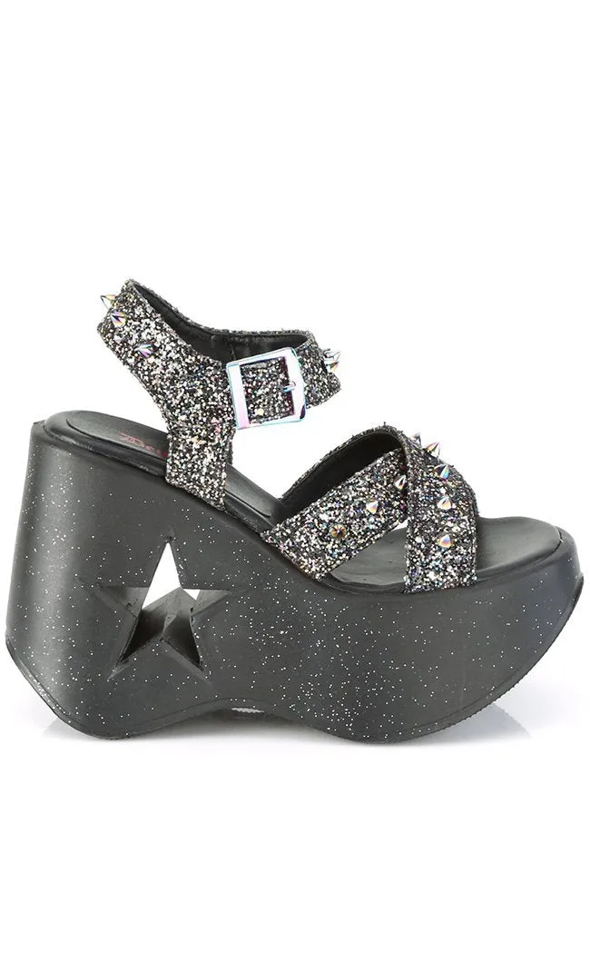 DYNAMITE-02 Black Glitter Wedge Heels