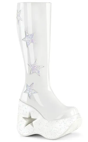 DYNAMITE-218 White Patent/Glitter Knee Boots