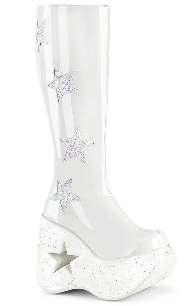 DYNAMITE-218 White Patent/Glitter Knee Boots