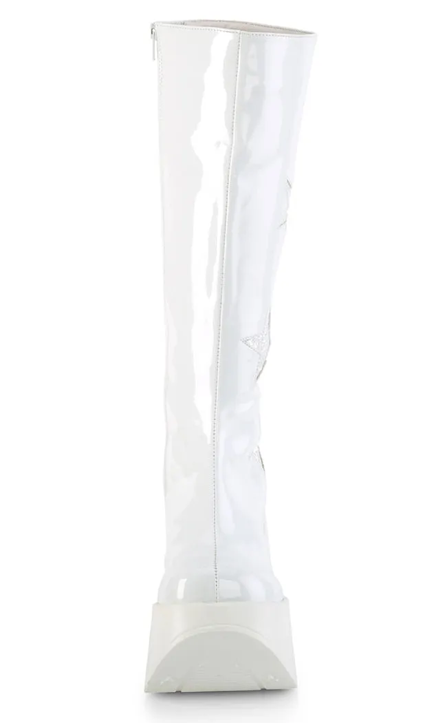 DYNAMITE-218 White Patent/Glitter Knee Boots