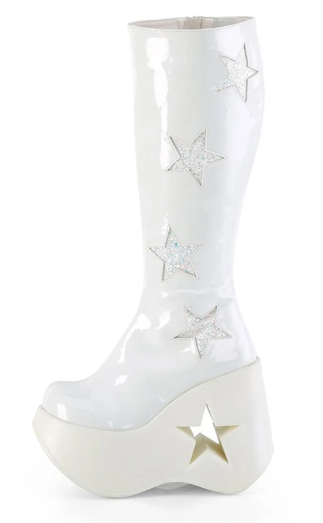 DYNAMITE-218 White Patent/Glitter Knee Boots