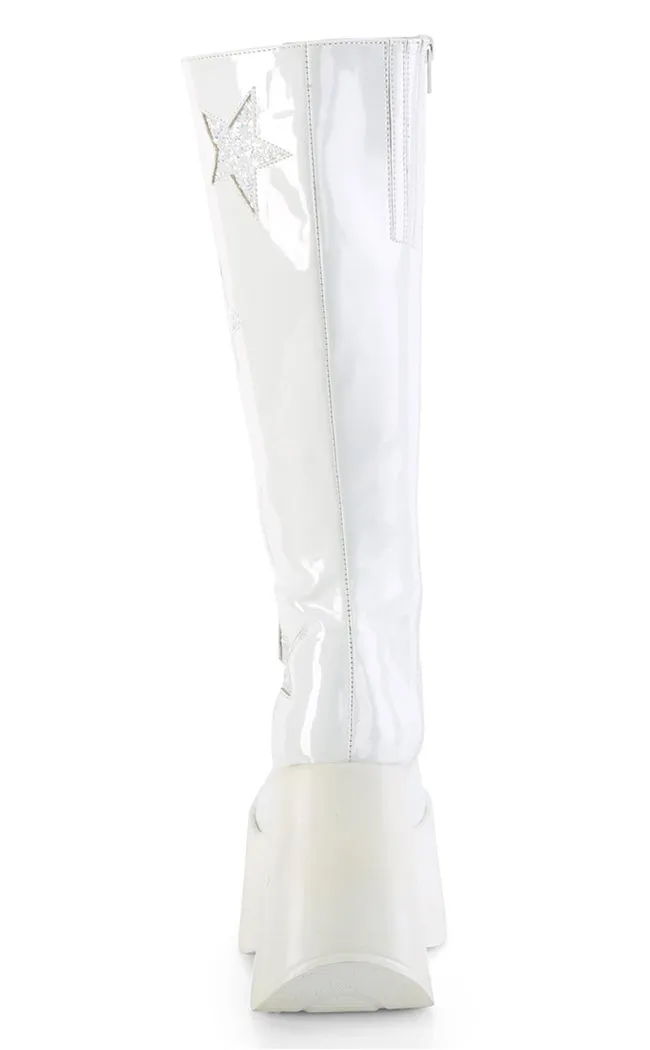 DYNAMITE-218 White Patent/Glitter Knee Boots