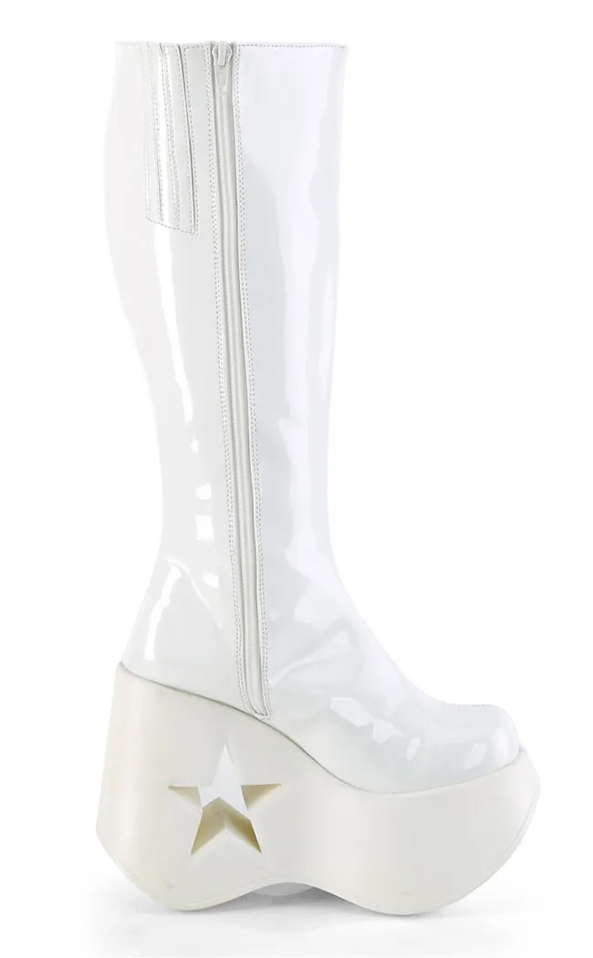 DYNAMITE-218 White Patent/Glitter Knee Boots