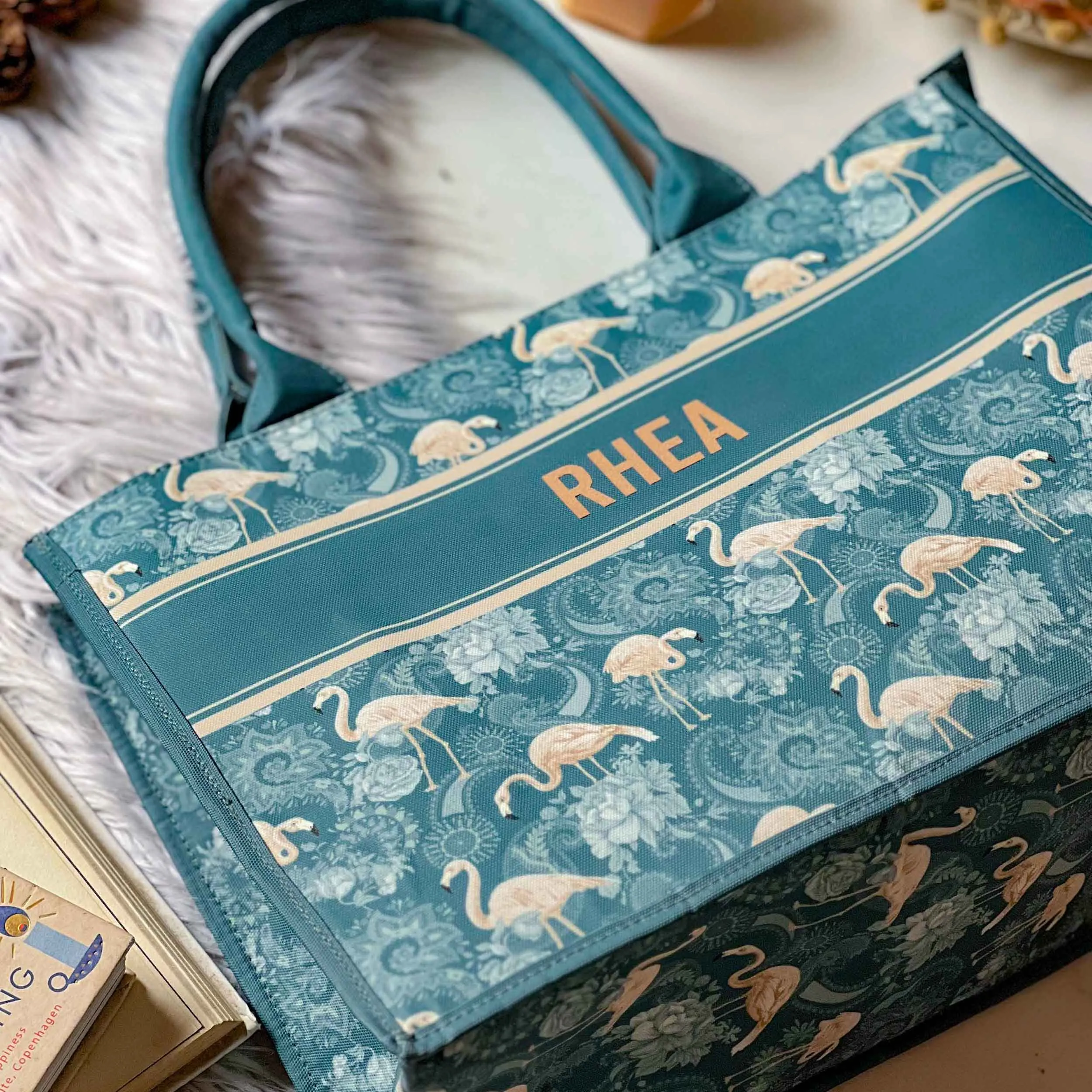 Emerald flamingo  book tote