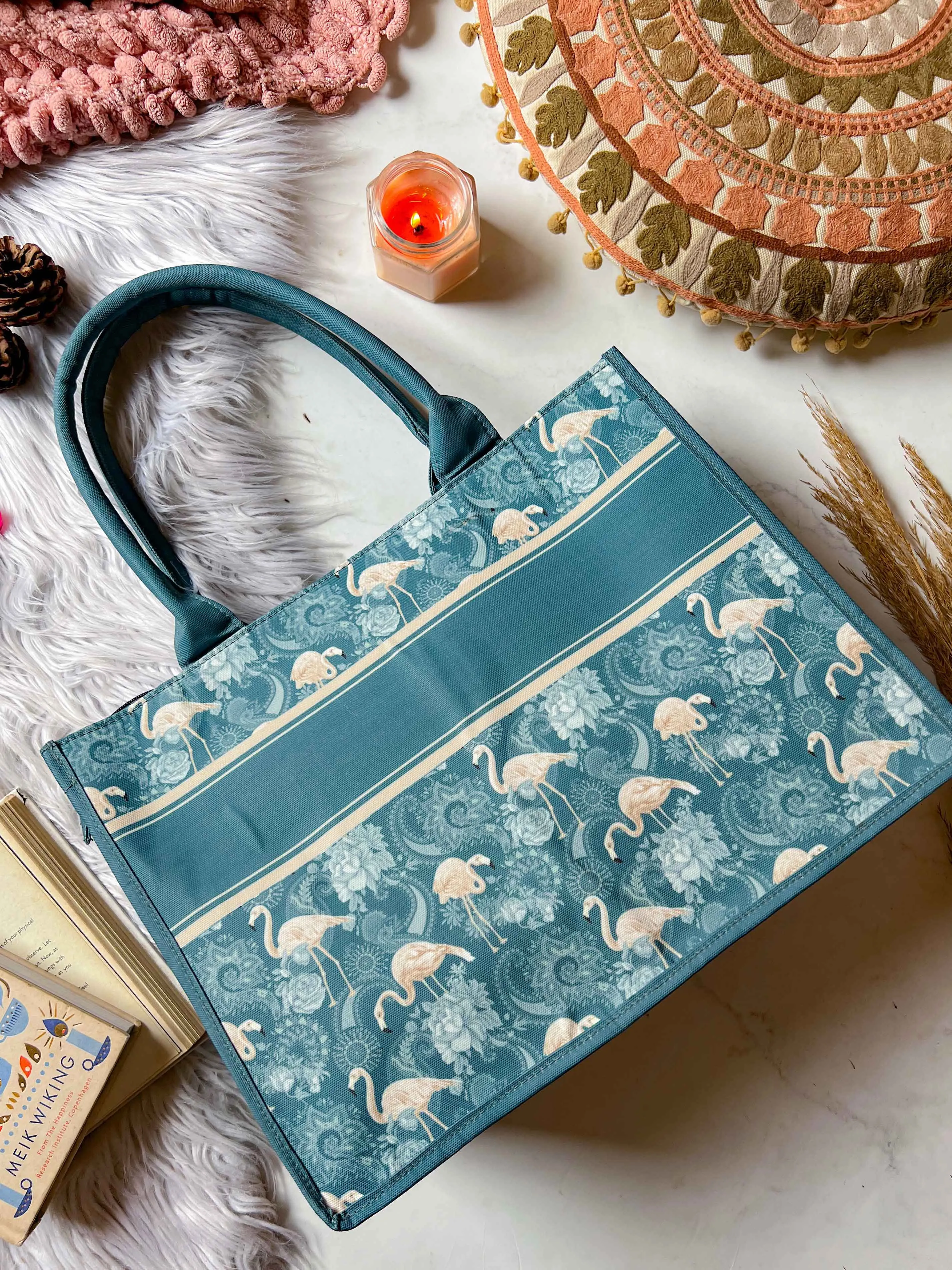 Emerald flamingo  book tote