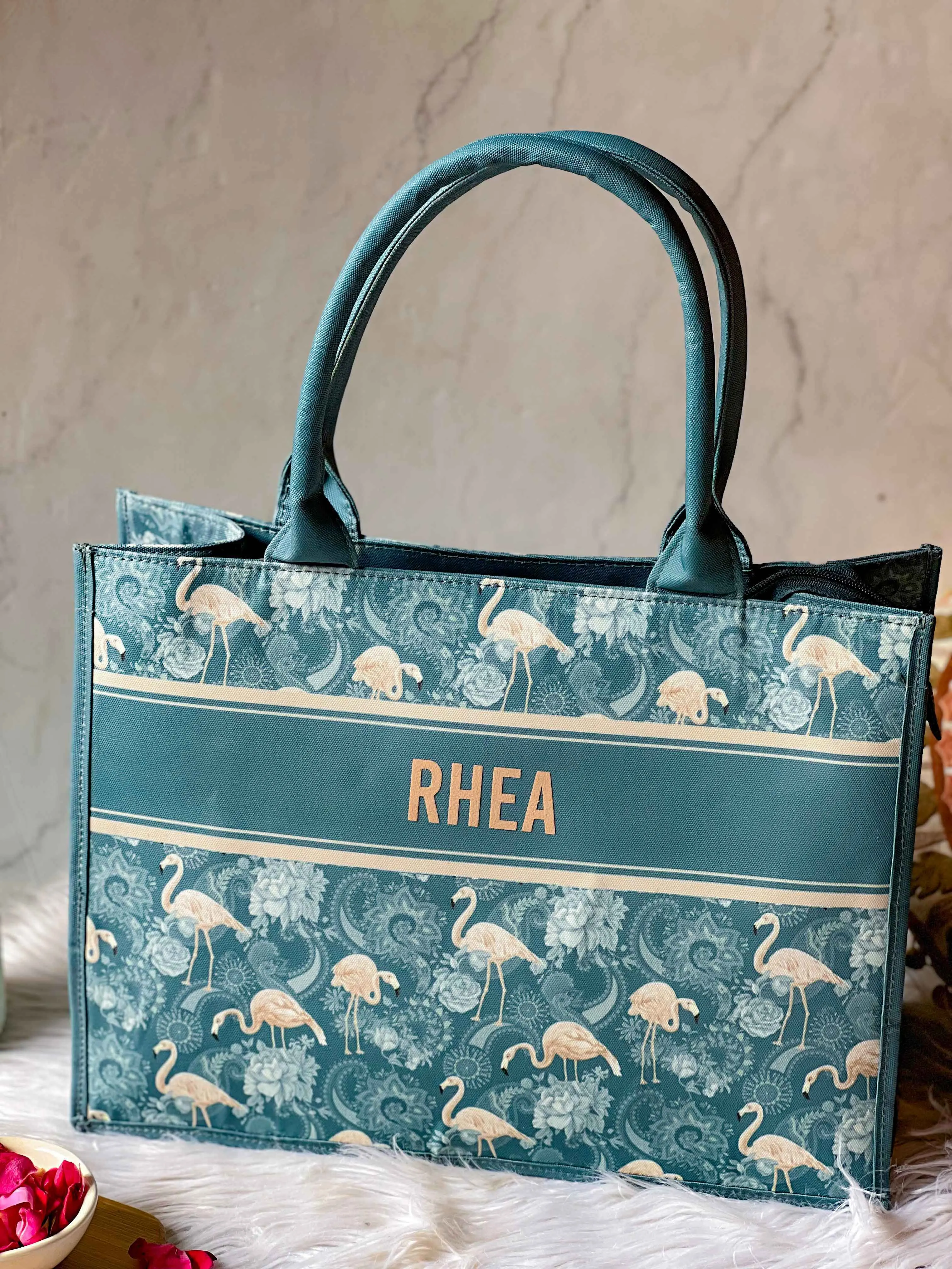 Emerald flamingo  book tote