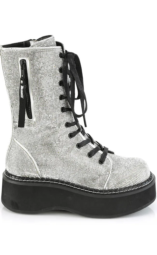 EMILY-362 Silver Rhinestone Combat Boots