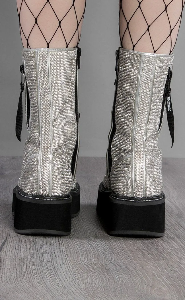 EMILY-362 Silver Rhinestone Combat Boots